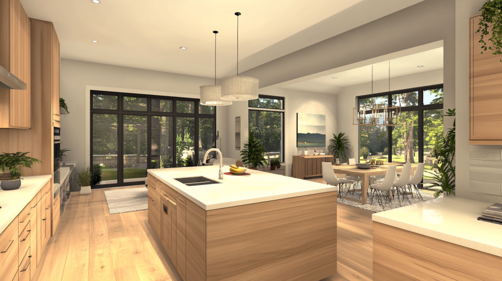 Open-concept kitchen featuring white oak cabinets, a sleek design with modern lighting and large windows providing natural light and a seamless transition to the dining area.
