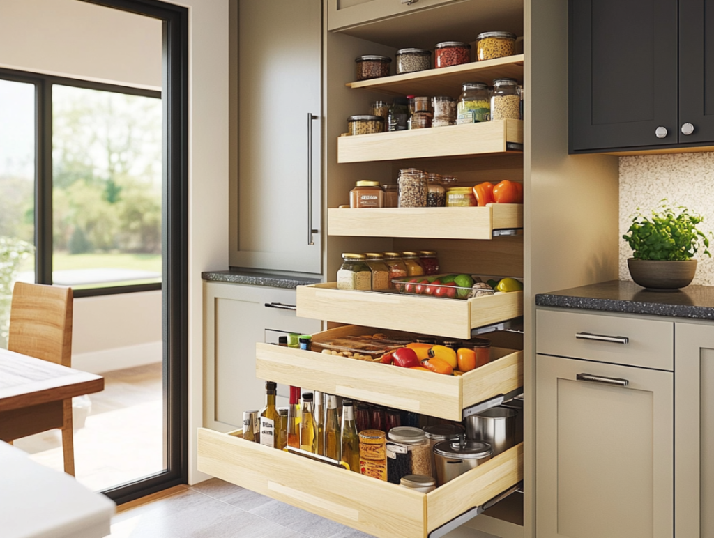 Modern kitchen with light wood cabinets, pull-out pantry shelves, and organized storage solutions