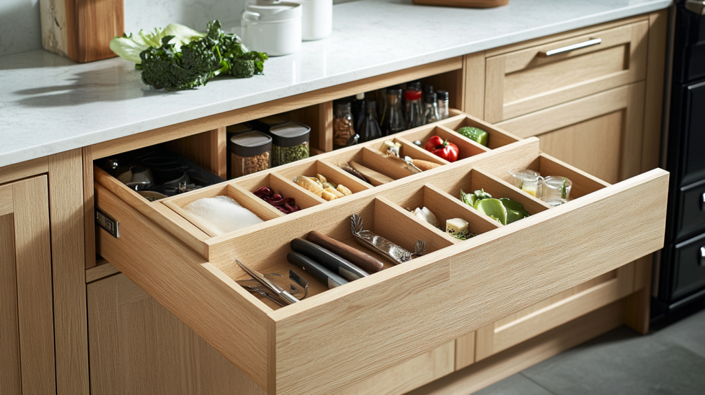 Well-organized kitchen featuring white oak cabinets with pull-out shelves and neatly arranged kitchen items for easy access and efficient storage.