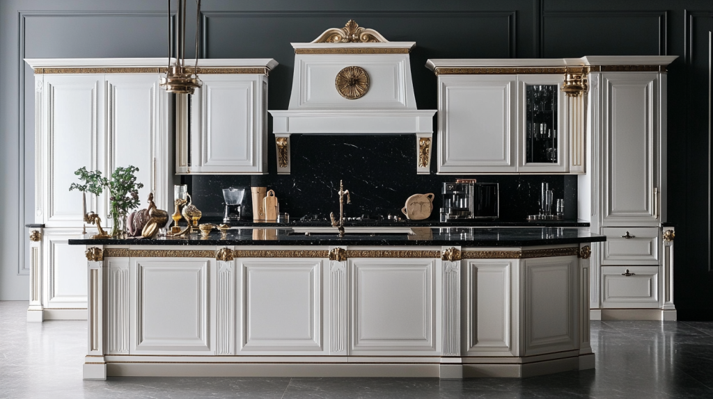 Elegant kitchen with ornate white cabinets, gold hardware, and polished black granite countertops reflecting soft lighting.