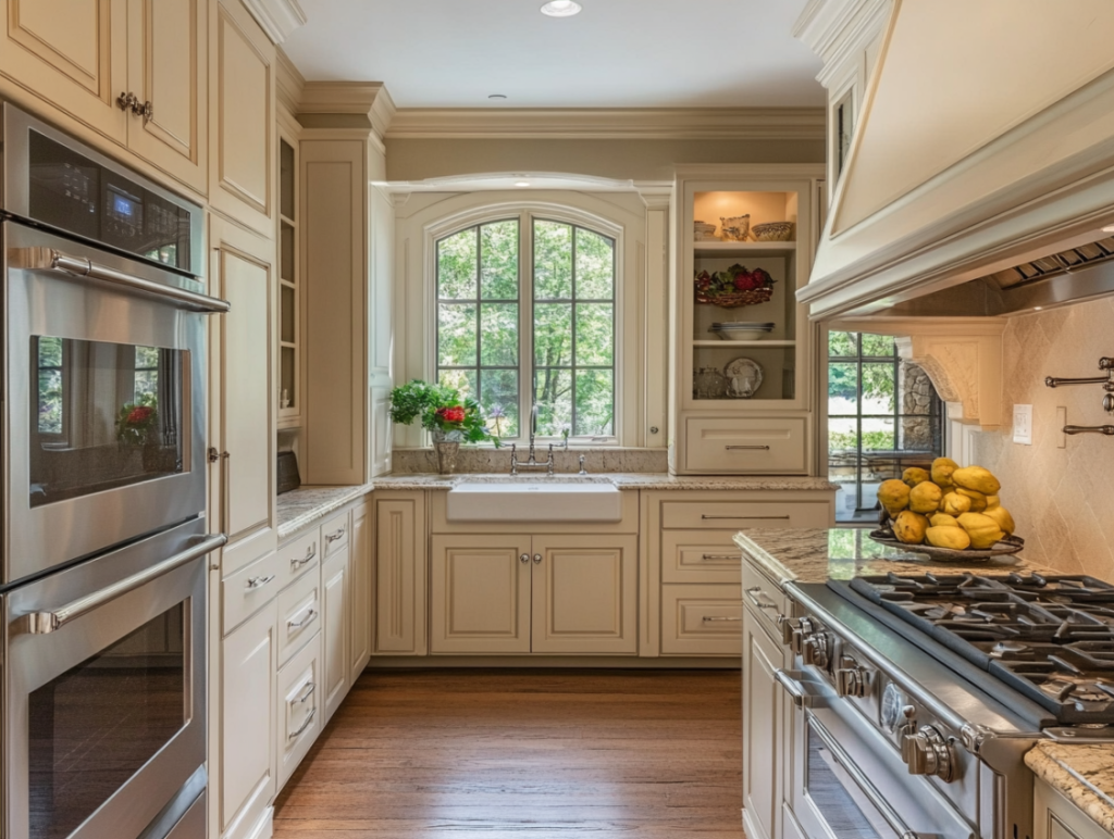 Modern kitchen with rich layered cherry wood cabinets, granite countertops, and natural light through large windows