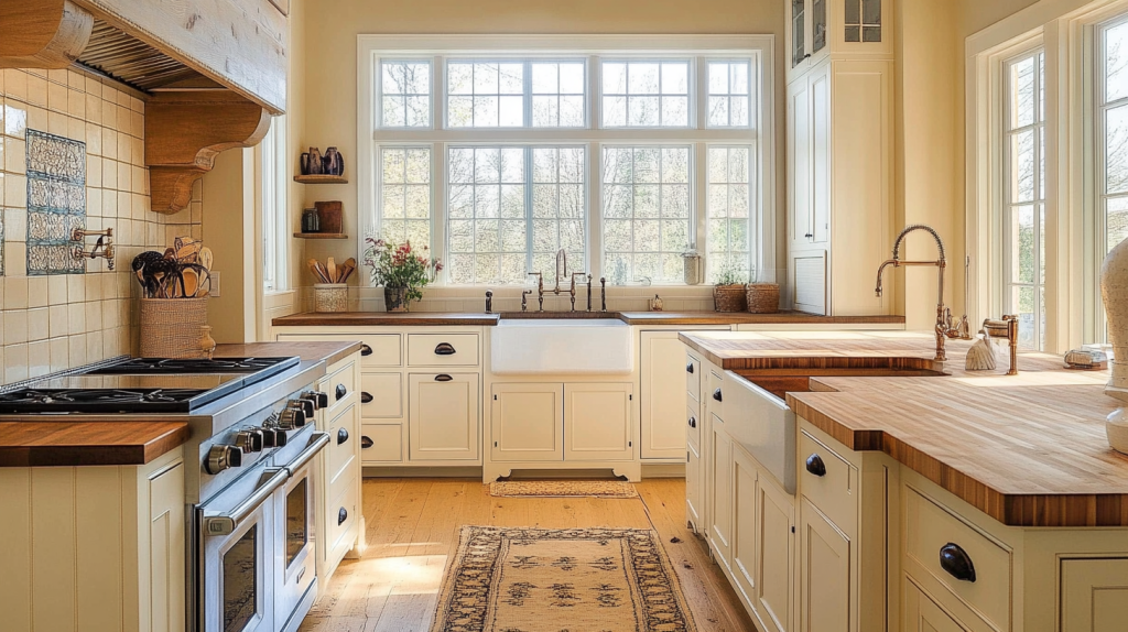 Spacious rustic kitchen with cream shaker-style cabinets, wooden countertops, farmhouse sink, and sunlight streaming through large paned windows, featuring warm wood floors and classic black hardware.