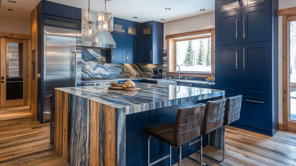 Navy blue kitchen cabinets with bold wood and marble island