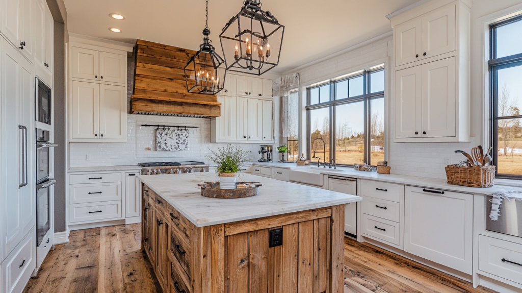 A rustic white kitchen featuring stone walls, wooden beams, and distressed white cabinetry, creating a cozy, farmhouse-inspired atmosphere.