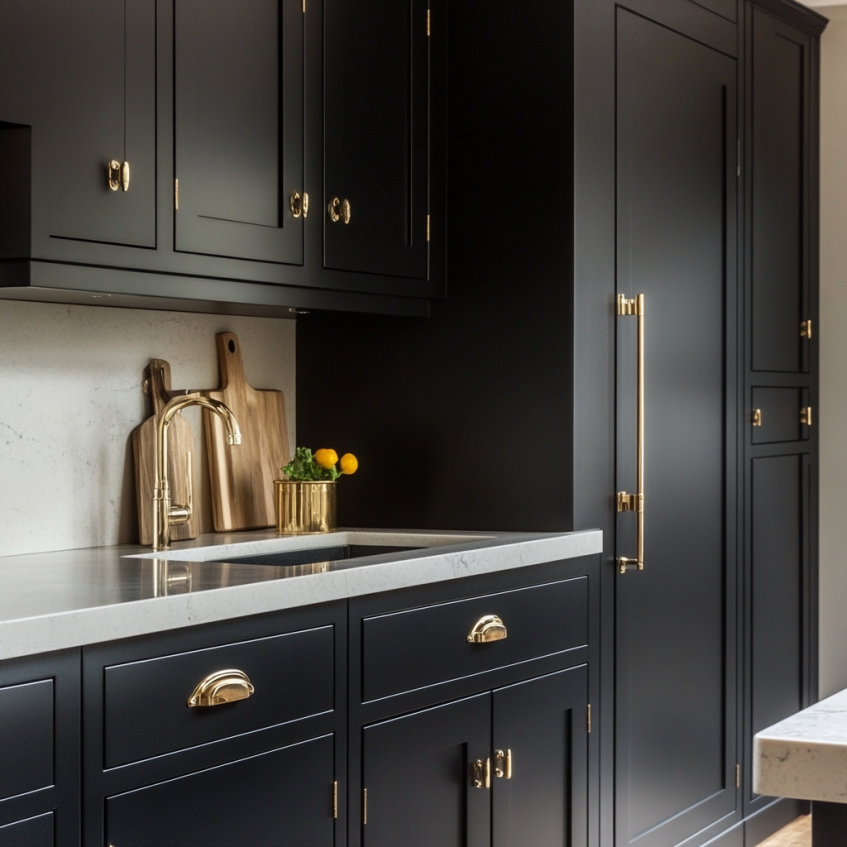 Shaker style black cabinets with satin gold knobs, simple yet classic kitchen design.