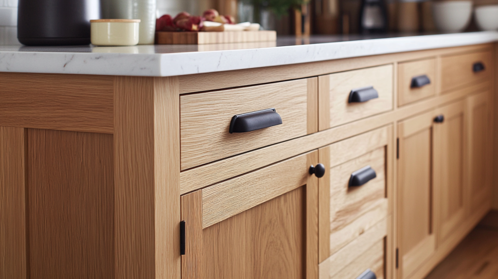 Close-up of Shaker-style white oak cabinets with black hardware in a kitchen setting, featuring drawers and cabinets with a clean, minimalist design.
