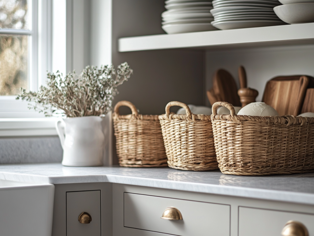 Minimalist kitchen with woven baskets on white countertops near window