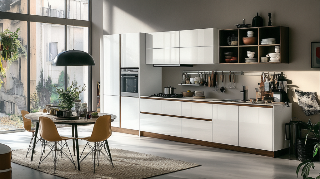Modern kitchen with sleek flat-panel white cabinets, open shelving, and large windows offering natural light. The minimalist design features a clean, functional layout.
