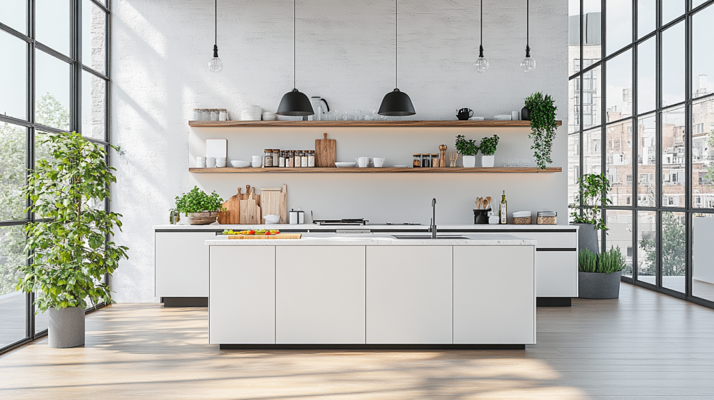 Minimalist kitchen with floating matte white cabinets, open wood shelves, and floor-to-ceiling windows overlooking a cityscape.