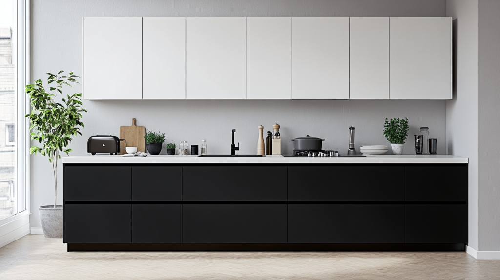 Modern kitchen with black lower cabinets and white upper cabinets featuring wooden countertops and shelves.