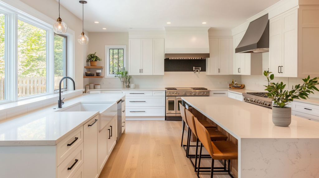 Modern white kitchen with sleek, minimalist design featuring white cabinets and clean lines. Spacious countertop and island for a contemporary, functional layout.
