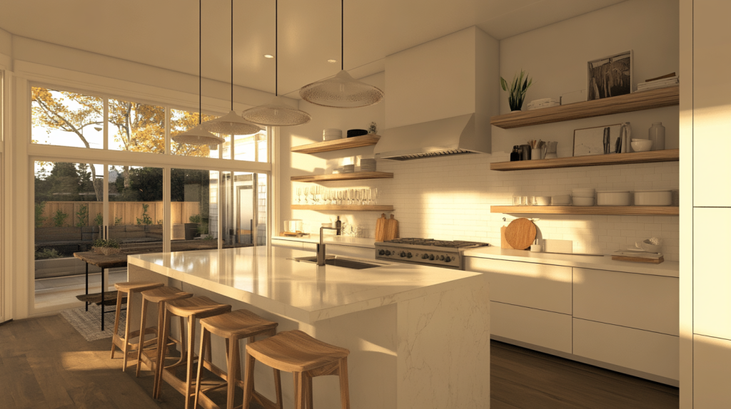 Modern kitchen with white kitchen cabinets, open shelving, and a spacious kitchen island. The design includes natural wood accents, providing a sleek and bright layout.