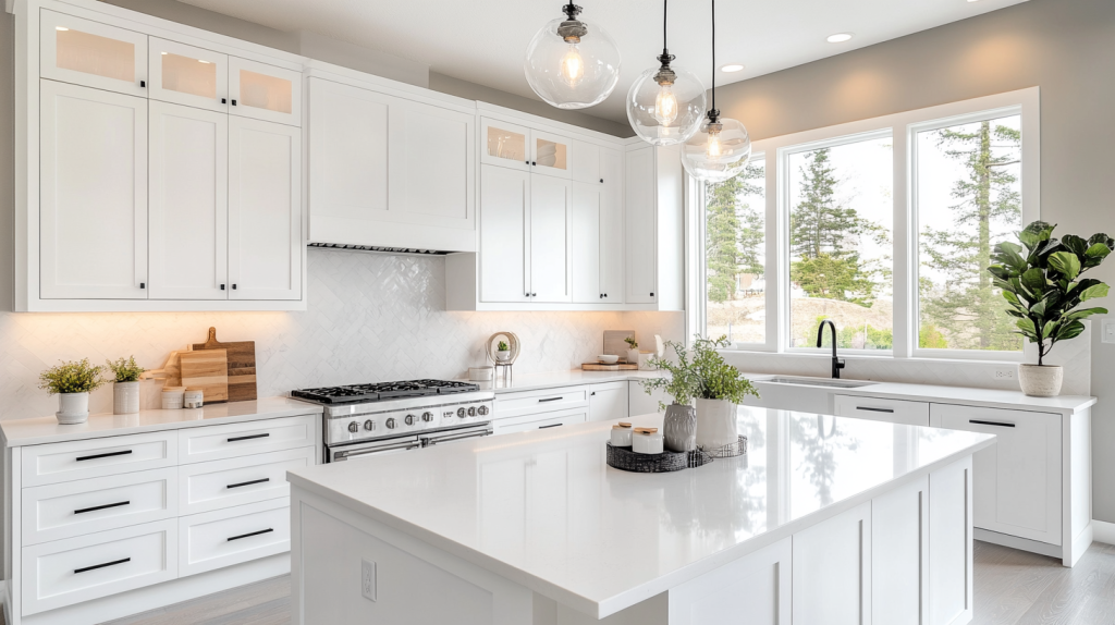 A modern white kitchen with matte cabinets, stylish gold fixtures, and natural lighting that brings warmth to the design.