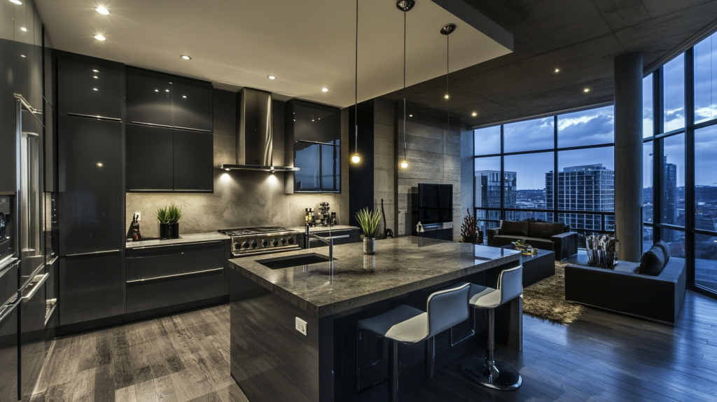 modern two tone kitchen with glossy black and gray cabinets in a high-rise apartment at night