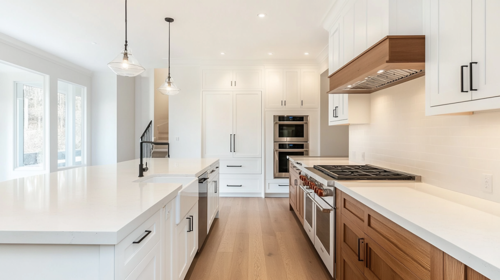 Contemporary kitchen with modern white cabinets and dark wood accents, featuring a spacious island and high-end appliances.