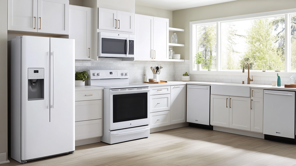 A modern white kitchen with contemporary appliances, a spacious island, and a bright, airy atmosphere.