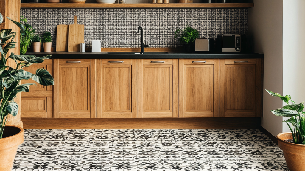 Modern kitchen with white oak cabinets and monochrome patterned floor tiles, showcasing a sleek design with plants for added freshness.