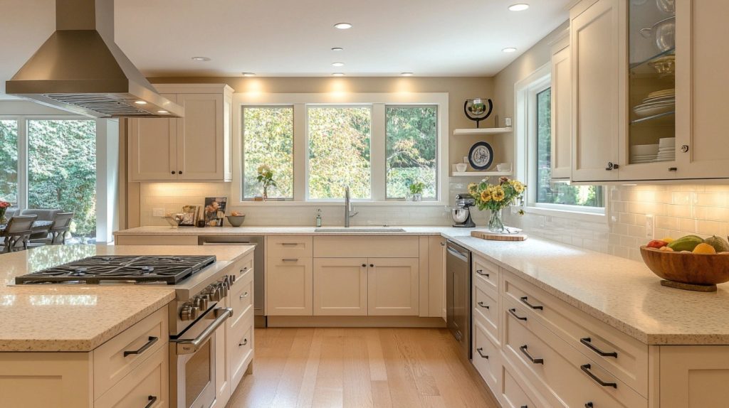 Modern kitchen with sleek and simple cream-colored cabinets featuring flat panels, minimalist black hardware, white quartz countertops, and recessed lighting.