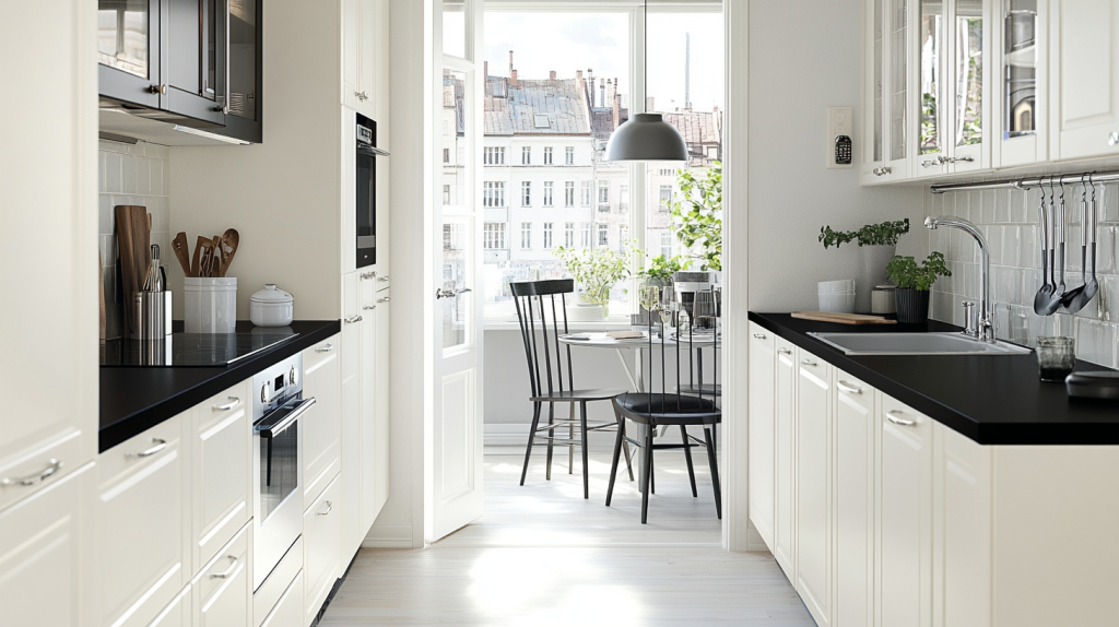 Compact galley kitchen with black countertops, white cabinets, and glass accents in a narrow space.