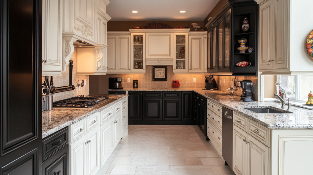 A small kitchen with white upper cabinets and black lower cabinets, creating a striking contrast while opening up the space.