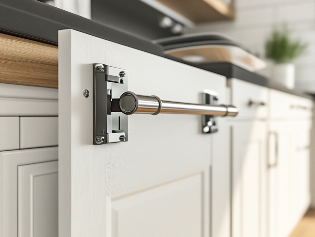 Soft-close cabinet hinges on light oak kitchen door