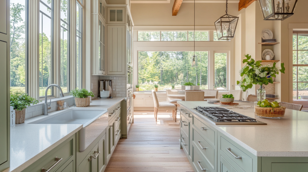 two tone kitchen cabinets with sage green and beige tones in a bright farmhouse style kitchen