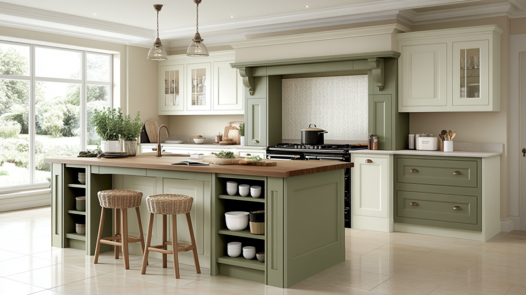 sage green and cream two tone kitchen with a wood countertop in a cozy traditional interior