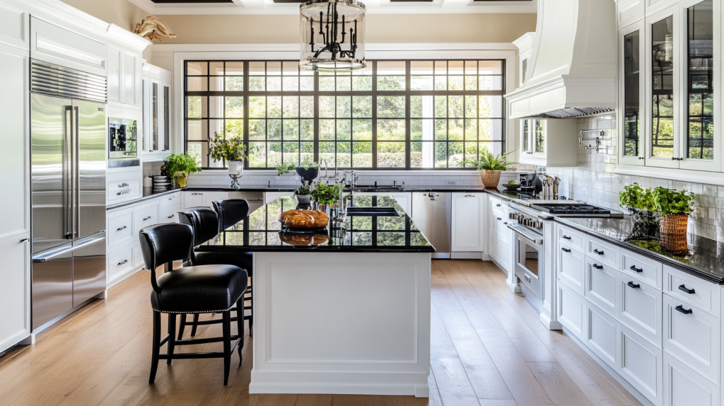 Modern urban kitchen with white shaker cabinets, black granite countertops, large windows, and contemporary decor.