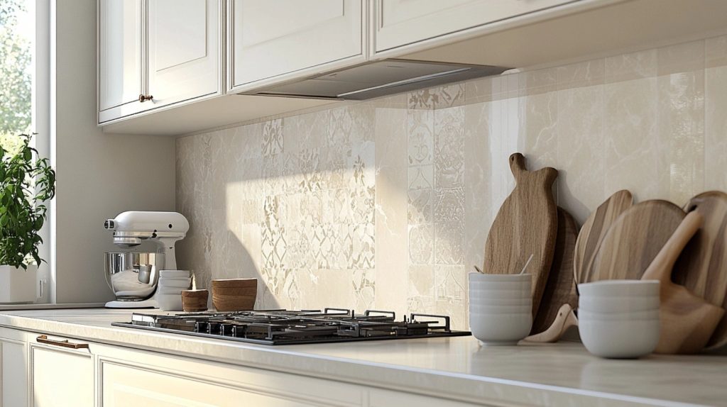 Bright cream kitchen with glass-front cabinets and open shelves filled with kitchenware