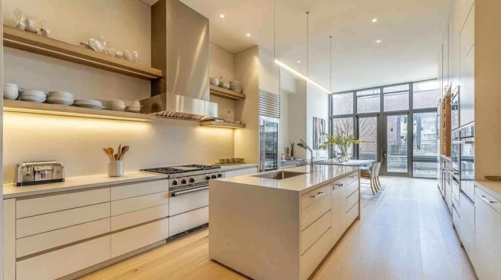 Spacious cream kitchen island with marble countertop and stylish stools
