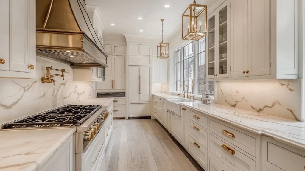 Spacious kitchen with cream cabinets, marble countertops, gold hardware, and large windows bringing in natural light.