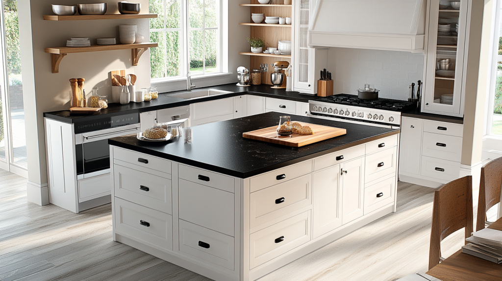 White kitchen with black countertops and a large central island featuring deep drawers and wood accents.