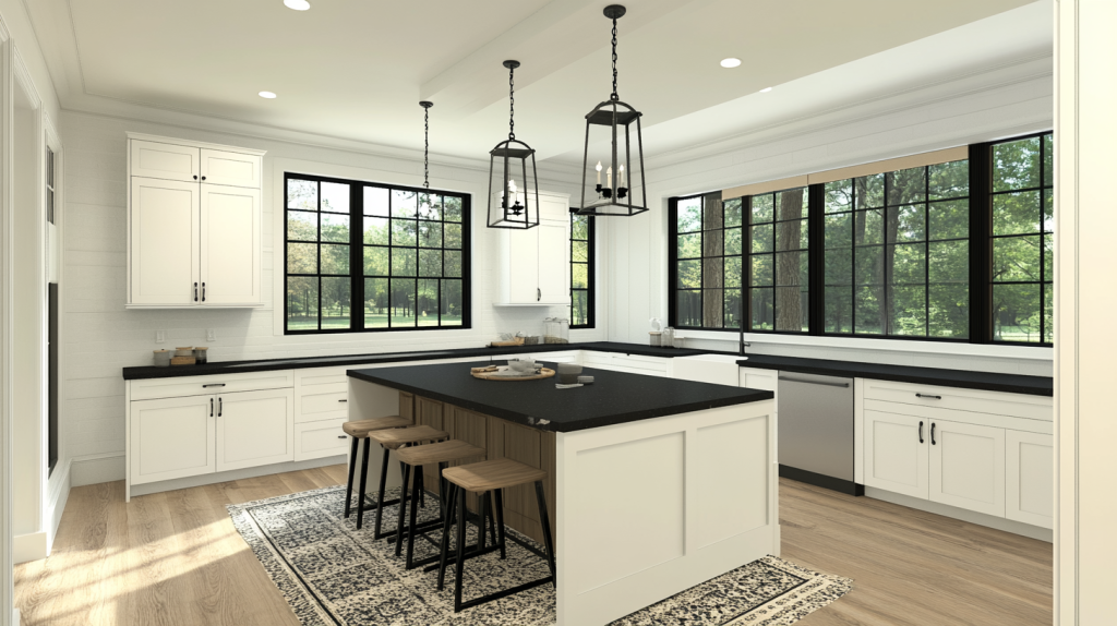 Spacious kitchen with white shaker cabinets, black countertops, wooden flooring, and an island featuring a black surface and wooden base.