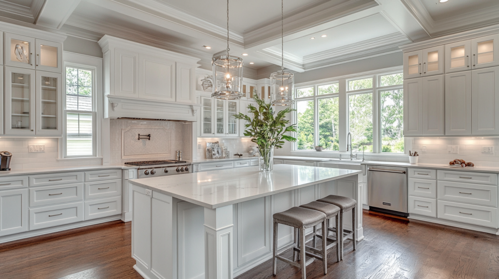 Spacious kitchen with white raised-panel cabinets, a central island with a polished surface, and beautiful pendant lighting. Clean lines and modern design elements create a welcoming space.