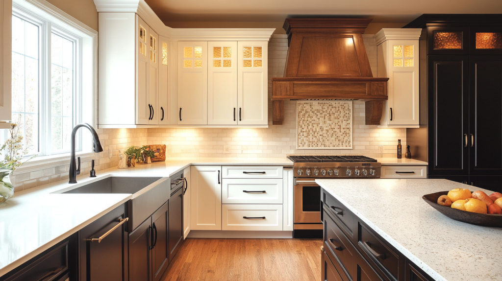 spacious modern kitchen with two tone cabinets featuring white upper cabinets and dark lower cabinets with gold hardware