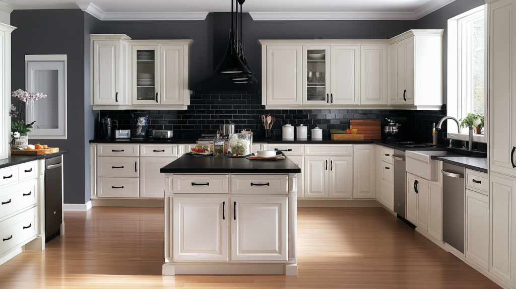 Contemporary kitchen with white cabinets, matte black countertops, black tile backsplash, and dark gray walls.
