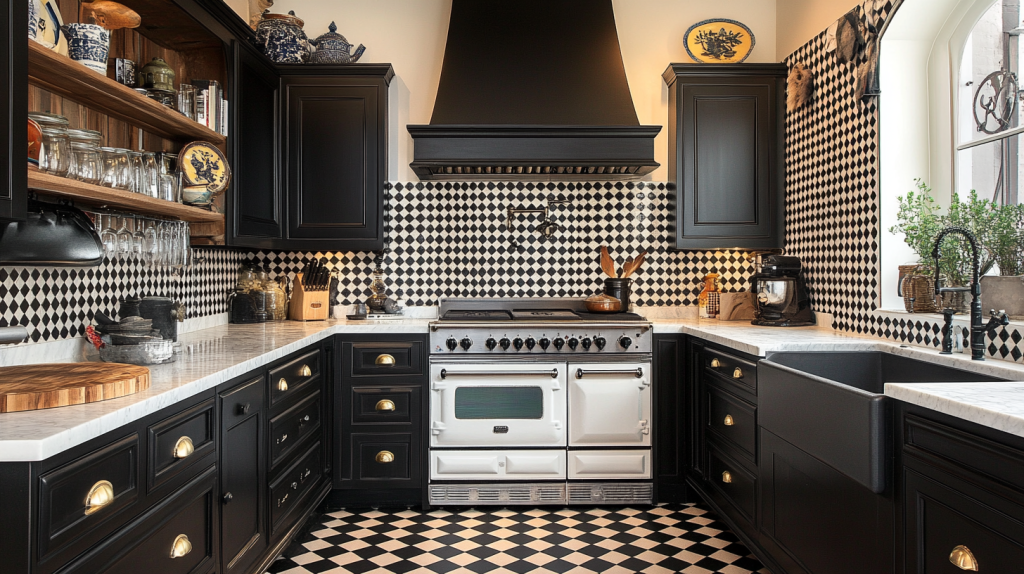 Black and white checkerboard kitchen cabinets with white countertops and matching black and white tiled backsplash.