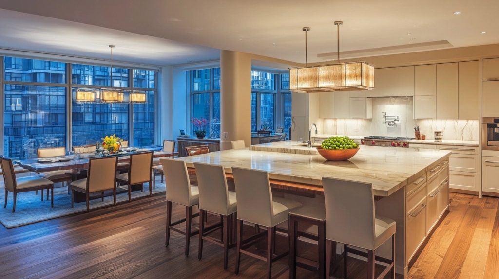 Open-plan kitchen with cream cabinetry, marble backsplash, pendant lighting, and large windows overlooking the dining area.