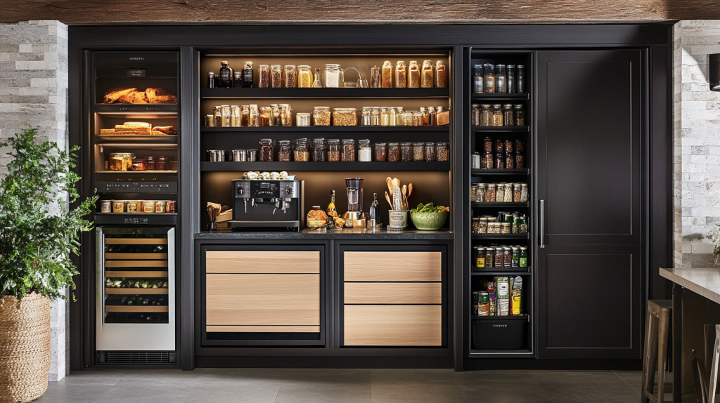 luxury two tone pantry kitchen with black cabinetry and light wood drawer fronts featuring open shelving and wine storage
