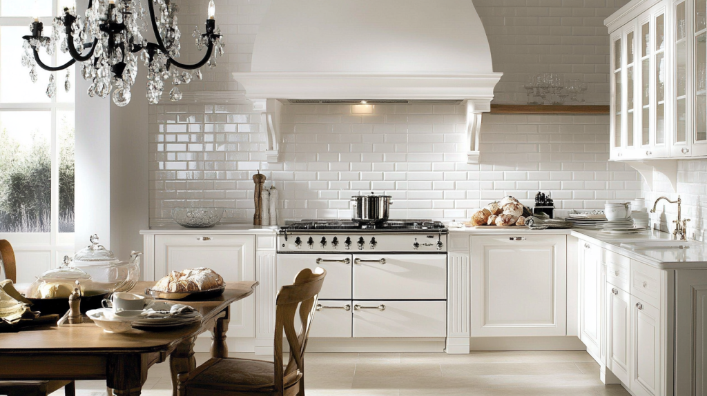 A stylish white kitchen with granite countertops and a sleek subway tile backsplash, combining traditional and modern design elements.