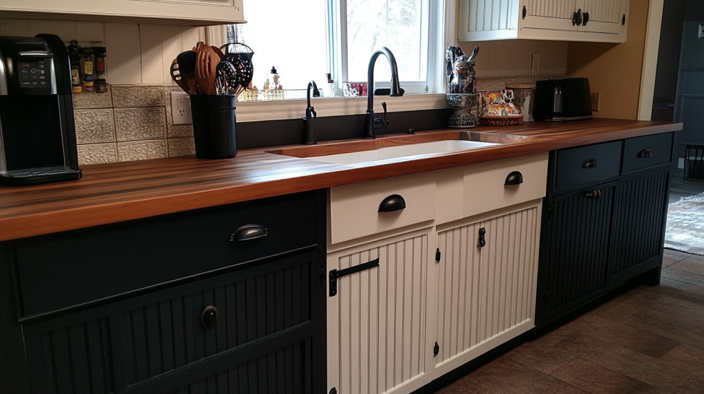 White upper cabinets and black lower cabinets with a farmhouse sink in a modern kitchen.