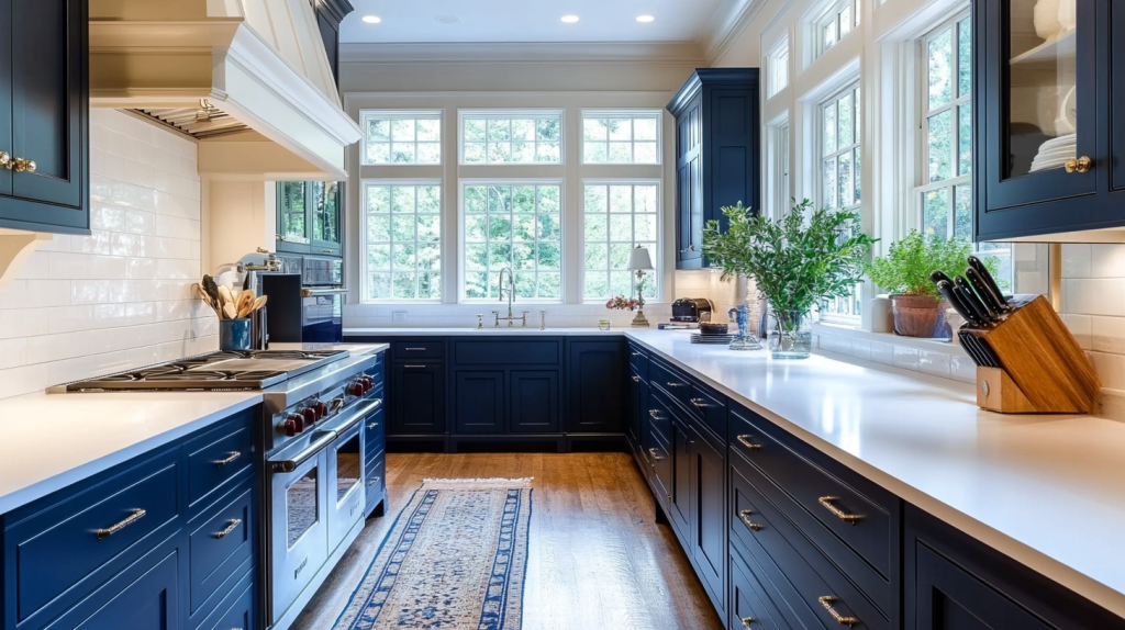 Timeless kitchen design with navy blue cabinets, white countertops, large windows, and classic decor.