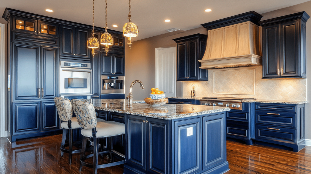 Classic navy blue kitchen cabinets with traditional detailing and warm lighting