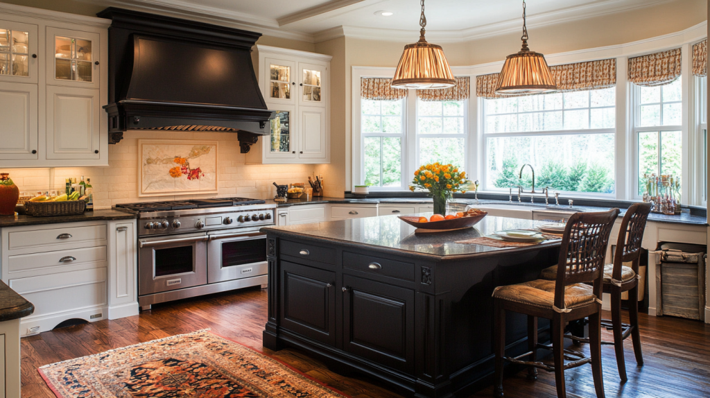 traditional two tone kitchen with white wall cabinets and a black island featuring vintage decor and natural lighting