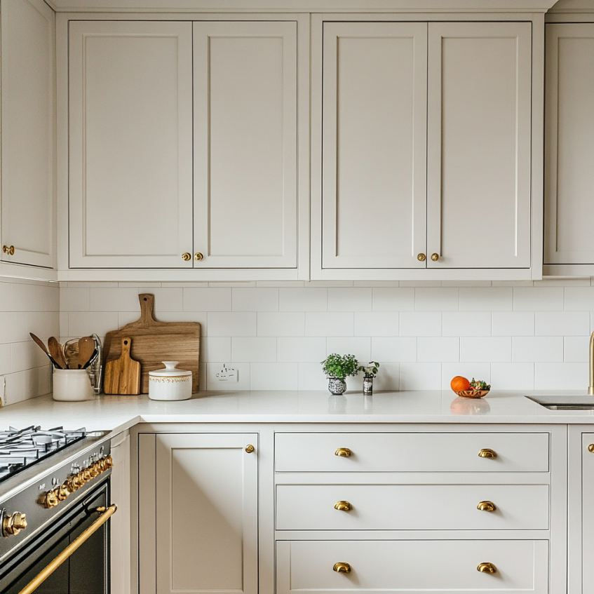 Traditional white shaker kitchen cabinets with gold knobs and handles against a white subway tile backsplash.