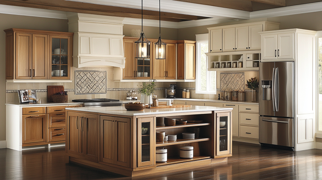 A transitional-style kitchen featuring lower cabinets in natural wood finish and upper cabinets in off-white, accented by a large island with open shelving.