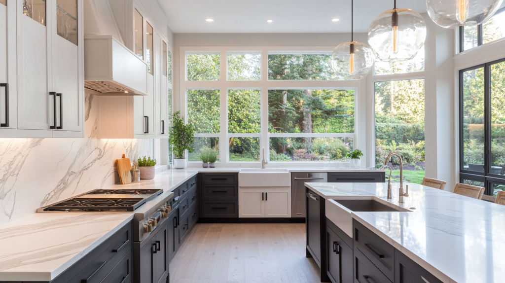 two tone kitchen with white upper cabinets and charcoal gray lower cabinets in a bright transitional space