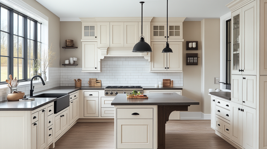 Transitional kitchen with matte white cabinetry, dark stone countertops, black hardware, and a contrasting wood island base.