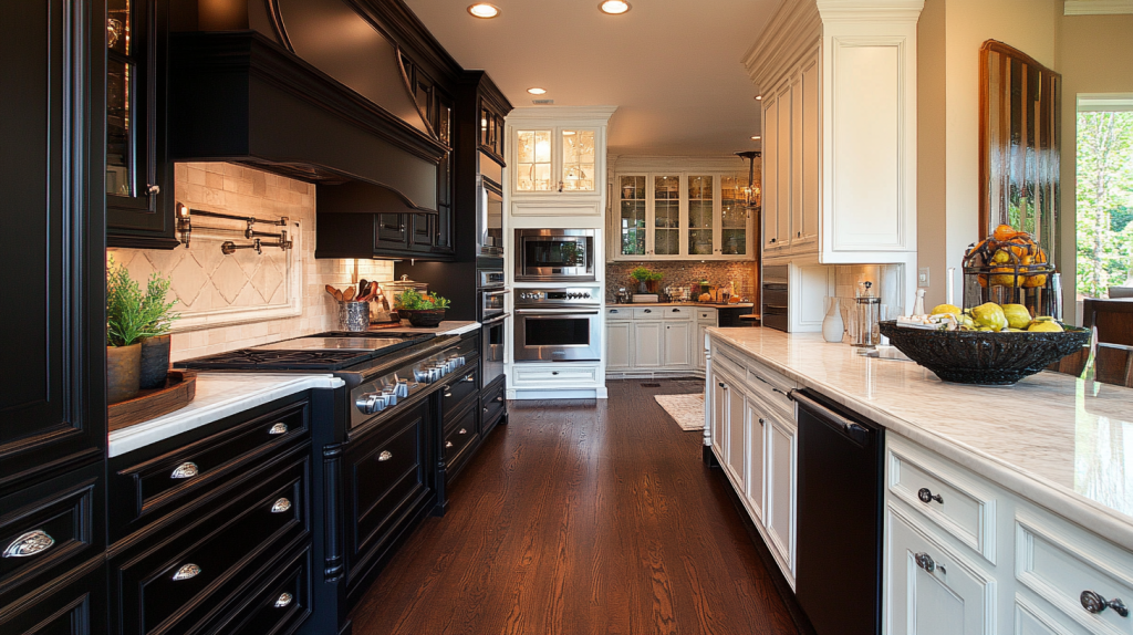 Two tone black and white kitchen cabinets featuring black lowers, white uppers, and concealed pulls for a clean design.