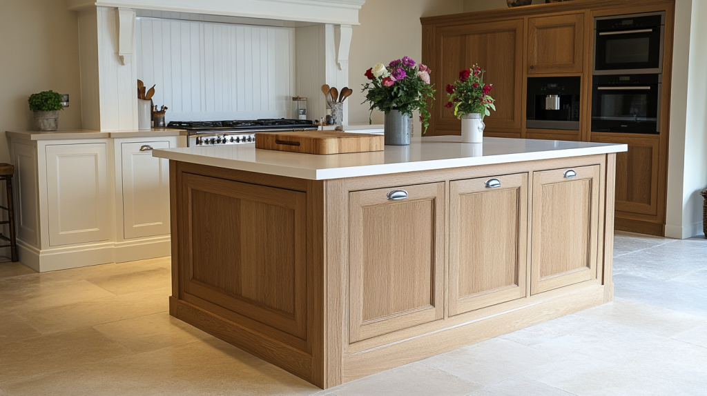 White oak and painted kitchen cabinets with an elegant, sophisticated look, featuring a two-tone design.